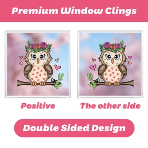 Double sided window clings showing front and back views of a cute cartoon owl sticker