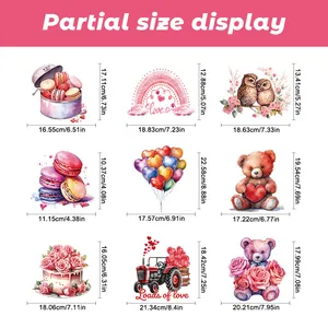 Detailed size chart for Valentine heart window stickers with dimensions for each decal