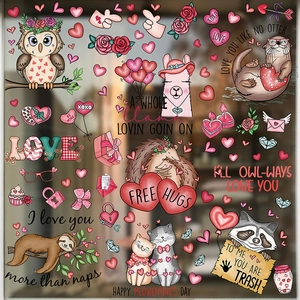 Close-up of Valentine cartoon animal window stickers with cute hearts and floral details
