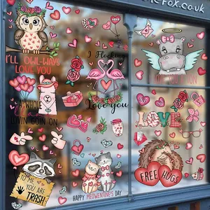 Valentine's Day animal window stickers set featuring cute colorful hand-drawn illustrations