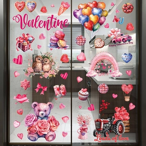 Valentine's Day window stickers featuring teddy bears, heart balloons and watercolor patterns