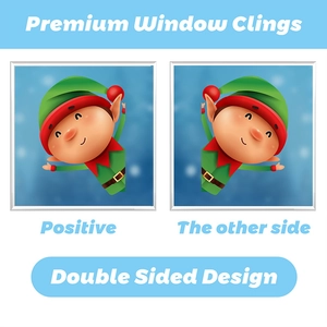 Double-sided Christmas window clings featuring cute cartoon elves for glass displays