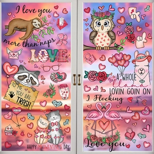 Detail of Valentine's Day window stickers with cartoon animals on a glass door