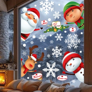 Christmas window stickers with Santa, reindeer and snowflakes on a cozy winter background