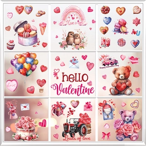 Watercolor Valentine's Day window stickers featuring cute owls, bears, and hearts