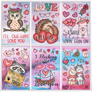 Detailed view of six cartoon animal Valentine stickers including owl and flamingo designs