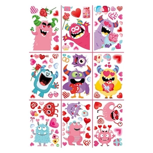 Colorful Valentine's Day cartoon elf stickers with hearts and flowers for glass decoration