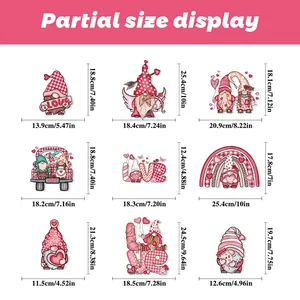 Detailed size chart showing nine Valentine's Day gnome window decals in various dimensions