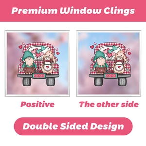 Double-sided Valentine's window cling featuring gnomes in a truck with XOXO license plate