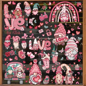Macro detail of Valentine's Day gnome window stickers with heart and rainbow patterns