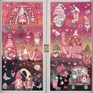 Close-up of Valentine's Day window decals featuring gnomes and hearts on glass doors
