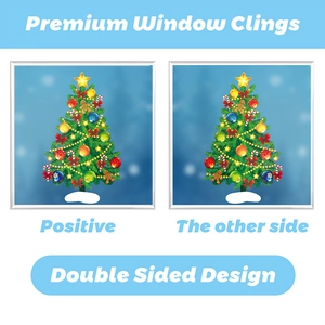 Detailed view of double-sided Christmas tree window clings with festive candy cane and star