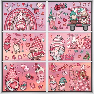 Detailed view of Valentine's Day gnome window stickers with pink hearts and rainbows