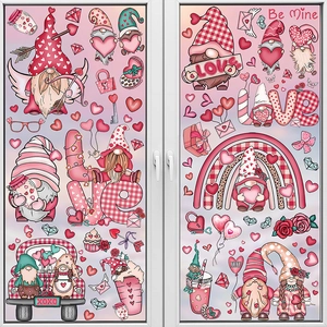 Detailed view of Valentine's Day gnome window stickers with hearts and rainbows