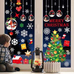 Christmas snowman and Santa Claus window decals featuring snowflakes and holiday trees