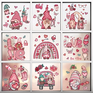 Detailed grid layout of Valentine gnome window stickers with hearts and rainbows