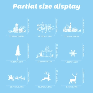 Detailed size guide for white Christmas window stickers with reindeer and Santa motifs