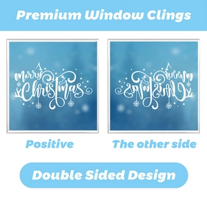 Double sided Merry Christmas window clings with reindeer horns and snowflakes