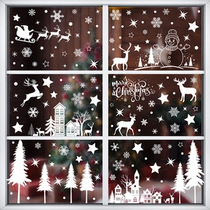White Christmas window stickers set featuring Santa, reindeer, and snowflakes for glass decor