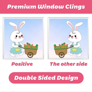 Double-sided Easter window cling showing cute bunny pushing a carrot cart from both sides