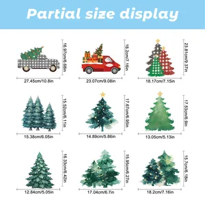 Detailed size chart for Christmas tree window stickers and festive truck decals