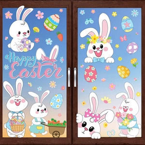 Easter static window clings featuring cartoon bunnies, colorful eggs and Happy Easter text