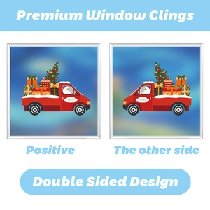 Double-sided Christmas window cling featuring a red vintage Santa truck with gift boxes