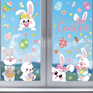 Happy Easter window stickers set with bunny, colorful eggs and flowers on glass