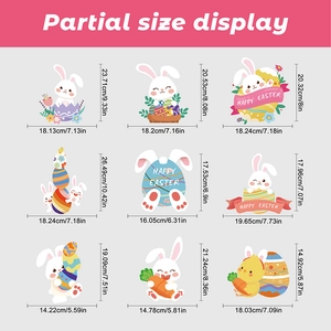 Detailed size display of 9 Easter window stickers with rabbits and colorful eggs