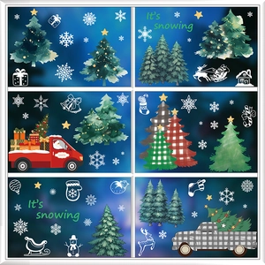 Hand-painted abstract Christmas tree and winter truck electrostatic glass window stickers