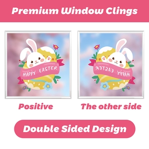 Detailed comparison of double-sided Easter bunny and eggs static window clings