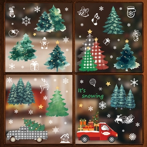 Christmas window decals with hand-painted trees, Santa, and reindeer for glass decoration