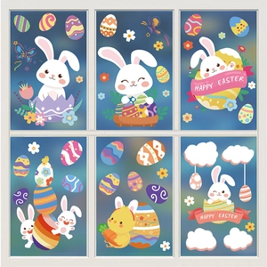 Detailed view of colorful Easter window clings with bunnies, eggs and happy easter text