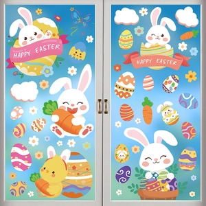 Detailed view of Happy Easter window clings with bunnies and colorful eggs on a glass door