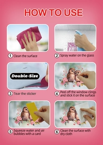 Step-by-step visual guide for applying double-sided owl window stickers to glass surfaces