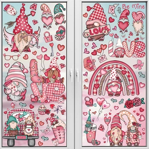 Detailed view of Valentine glass decals featuring gnomes, heart balloons and love truck