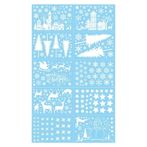 White Christmas window stencils set featuring Santa Claus, reindeer, and snowflakes