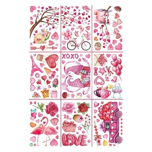 Valentine's Day gnomes window stickers set with pink heart trees and love truck motifs