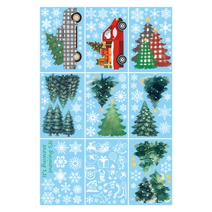 Christmas window decals set with hand-painted Santa trucks, trees and snowflakes stickers