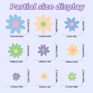 Detailed size chart for floral static window stickers showing various flower dimensions