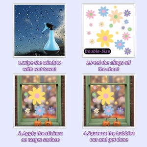 Detail showing double-sized floral window stickers with colorful daisy designs