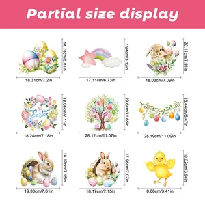Detailed size chart for 9 Easter window stickers including bunnies, eggs and wreaths