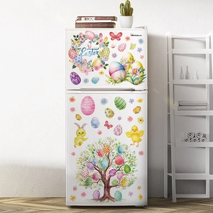 Easter window decals featuring watercolor bunnies, eggs and floral wreaths on white fridge