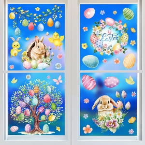 Detailed Easter window stickers featuring rabbits, colorful eggs and happy easter floral wreath