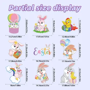Detailed size chart for Easter window stickers featuring bunnies, eggs, and chicks