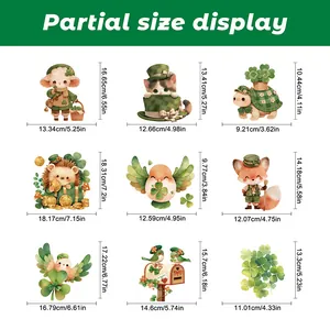 Size chart showing dimensions for Saint Patrick's Day cartoon clover window stickers
