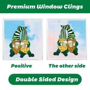 Stickers de fenêtre double face Saint-Patrick avec gnomes irlandais et trèfles chanceux