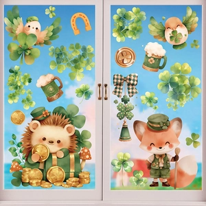 St. Patrick's Day window clings with cartoon animals, clover, and coins on a glass pane