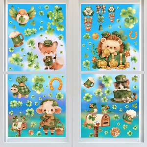 Detailed St. Patrick's Day window decals featuring lucky clover and cute animal illustrations