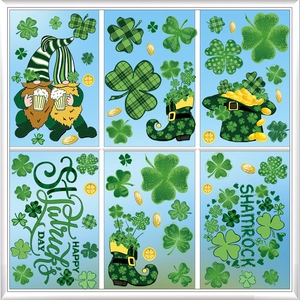 Détails de 6 autocollants de fenêtre Saint-Patrick avec trèfles et gnomes verts
